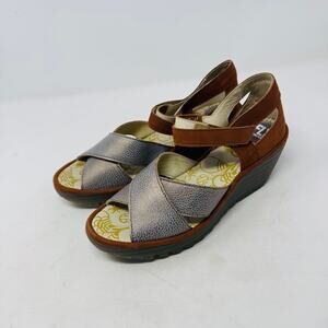 Fly London Yent365Fly Metallic Leather Wedge Sandals Size 40 Boho Comfort Artsy